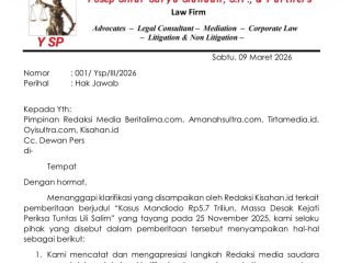 Tim Hukum Yosep Sinar Surya Siahaan & Partners Sampaikan Hak Jawab atas Pemberitaan Kasus Mandiodo